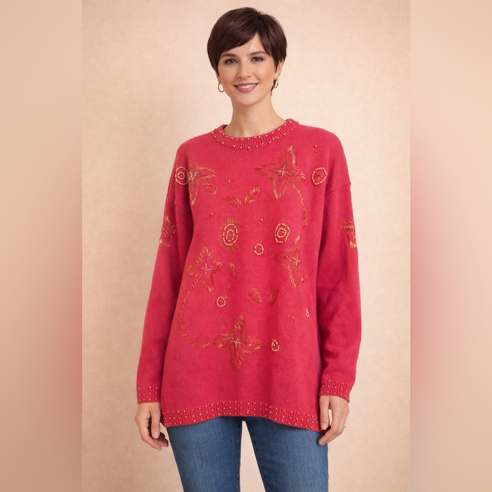 Vintage Western Connection Pink Beaded Embroidered Sweater Size L